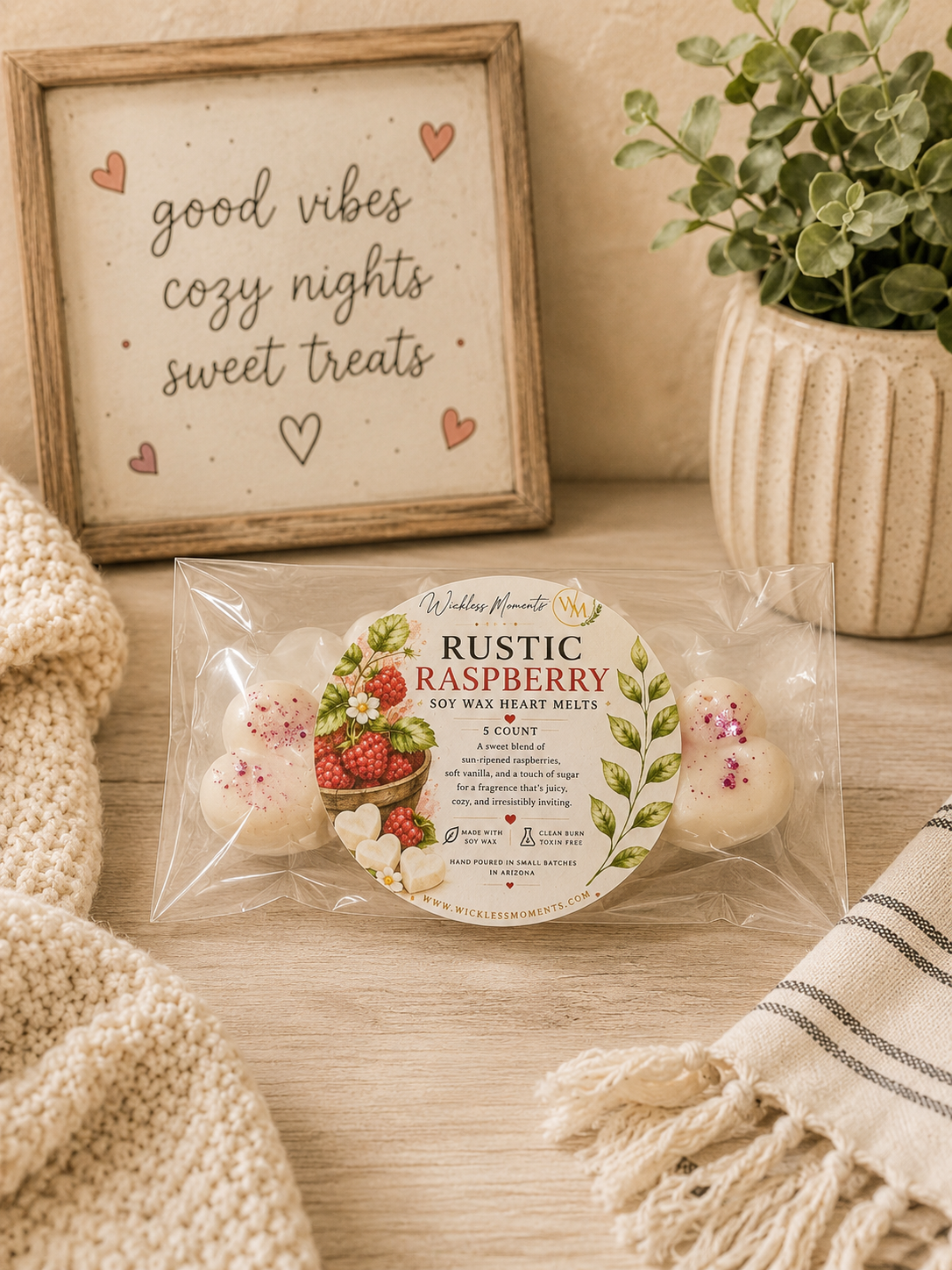 Rustic Raspberry Soy Wax Heart Melts|5 Count