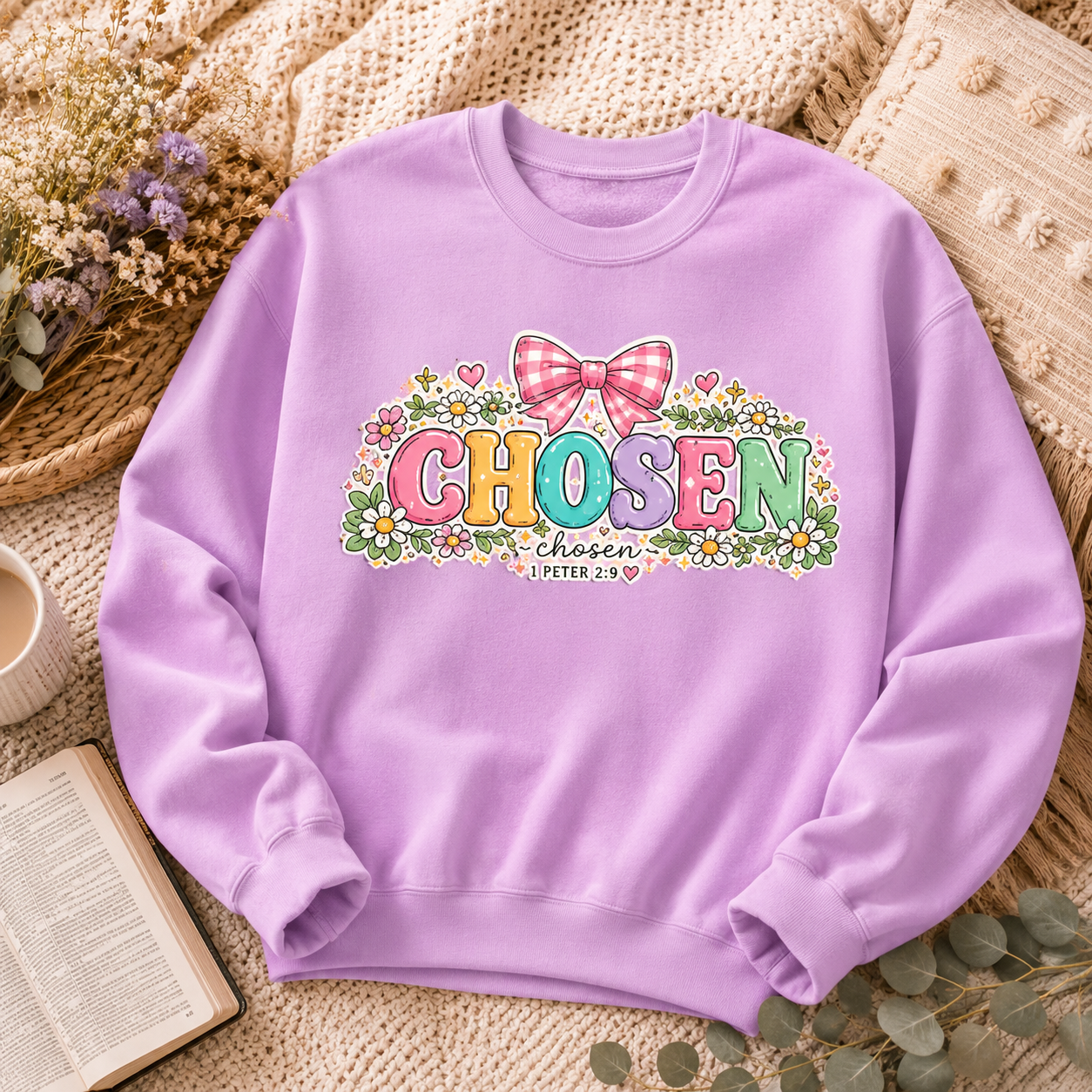 Chosen Floral Christian Crewneck Sweatshirt | Pastel Faith Graphic | 1 Peter 2:9