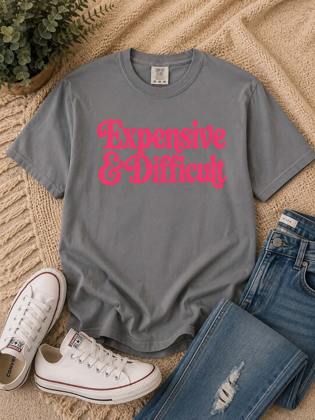 Expensive & Difficult Graphic Tee – Hot Pink Retro Statement Shirt