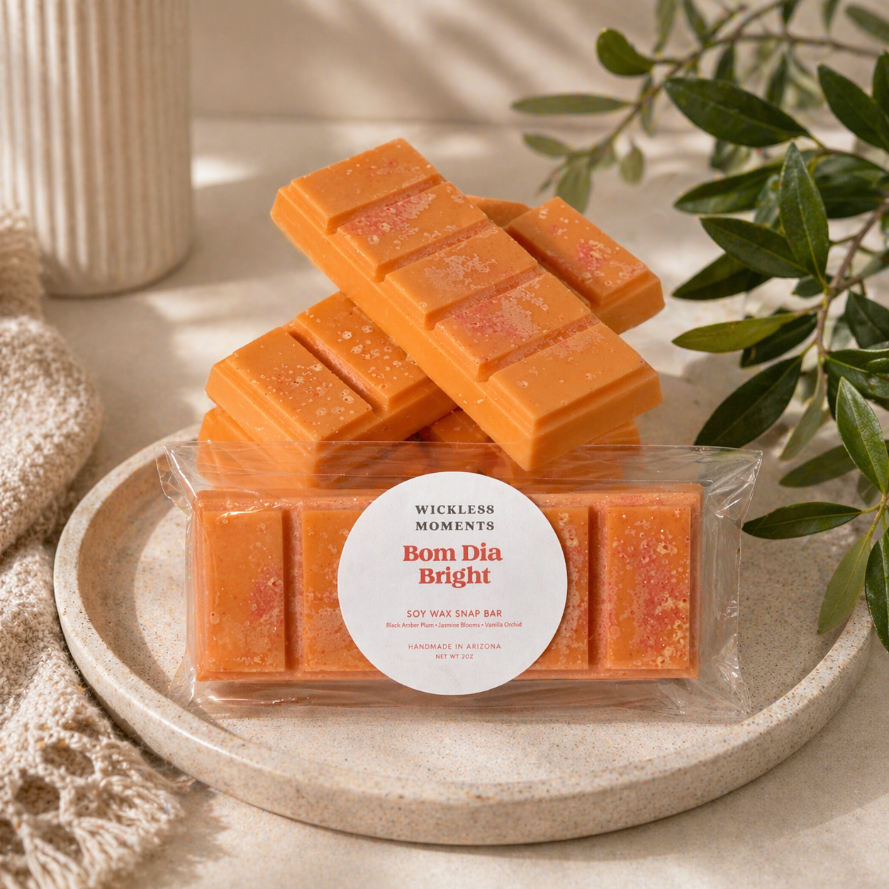 Bom Dia Bright Soy Wax Snap Bar – Warm Amber Plum, Jasmine & Vanilla Woods Scent