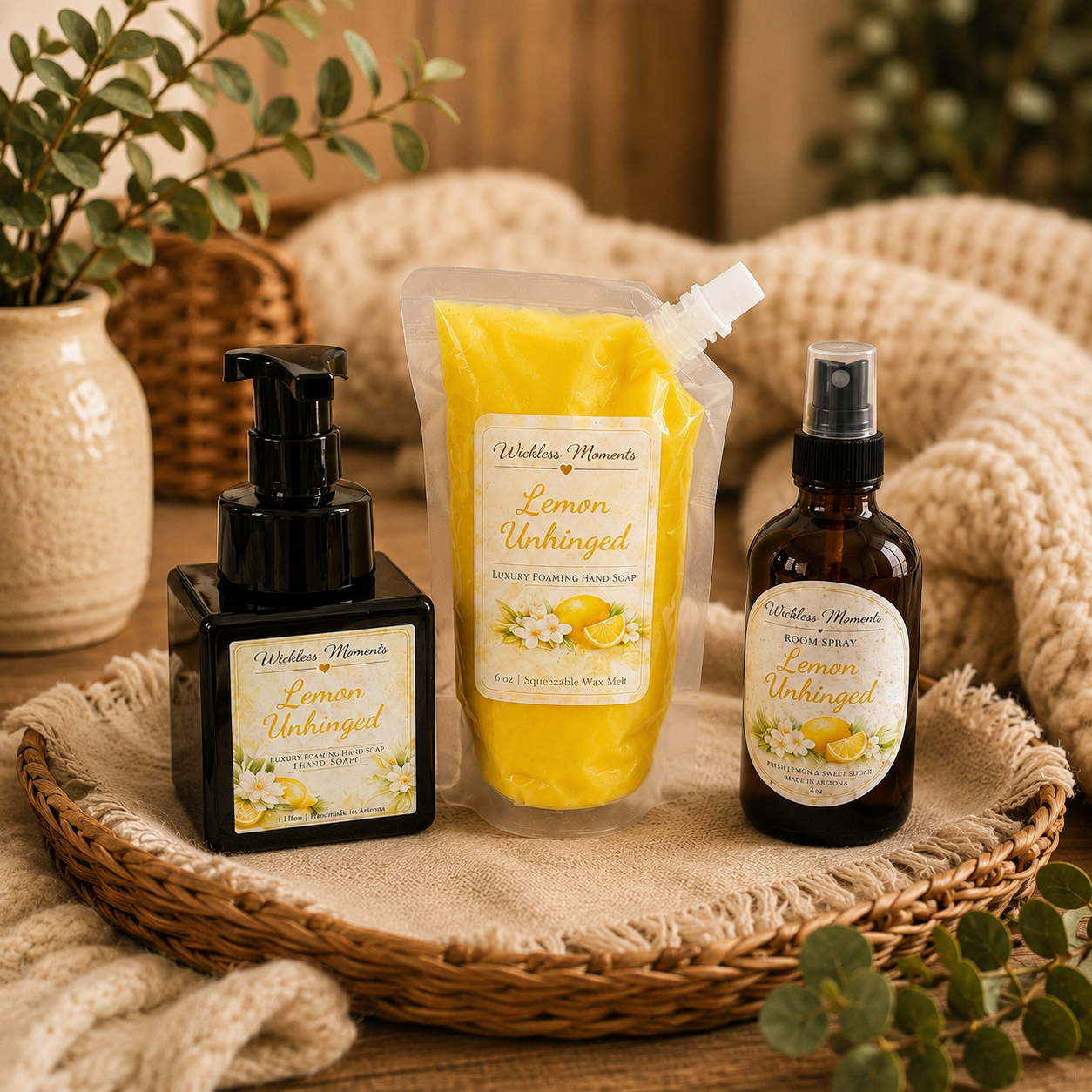 Lemon Unhinged Signature Scent Home Bundle | Room Spray, Foaming Hand Soap & Squeezable Wax Melt