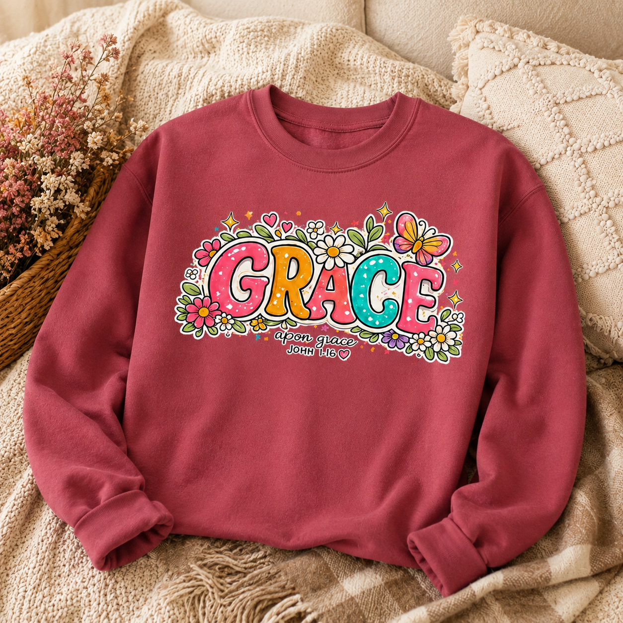 Grace Floral Retro Crewneck Sweatshirt | Colorful Christian Graphic Sweatshirt