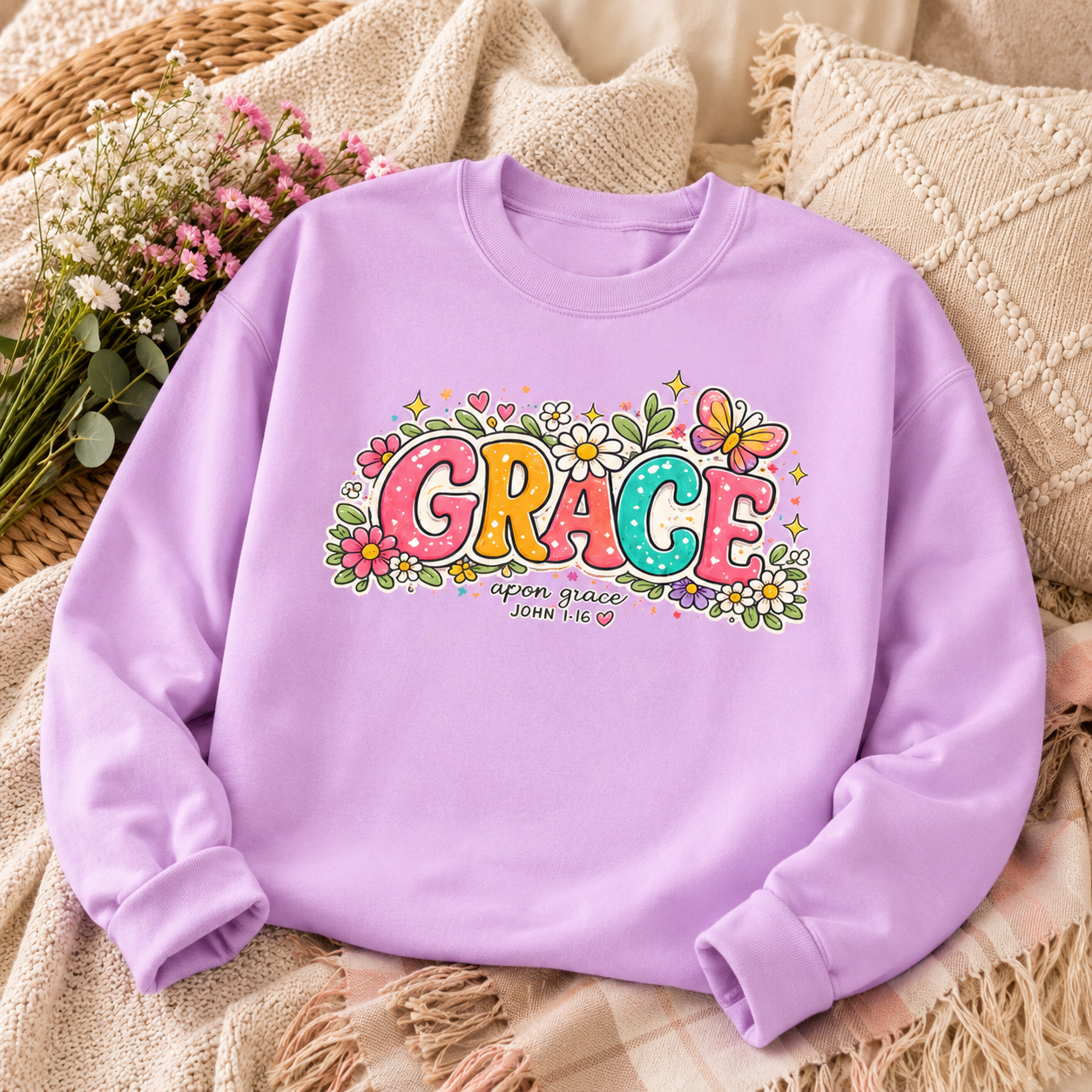 Grace Floral Retro Crewneck Sweatshirt | Colorful Christian Graphic Sweatshirt