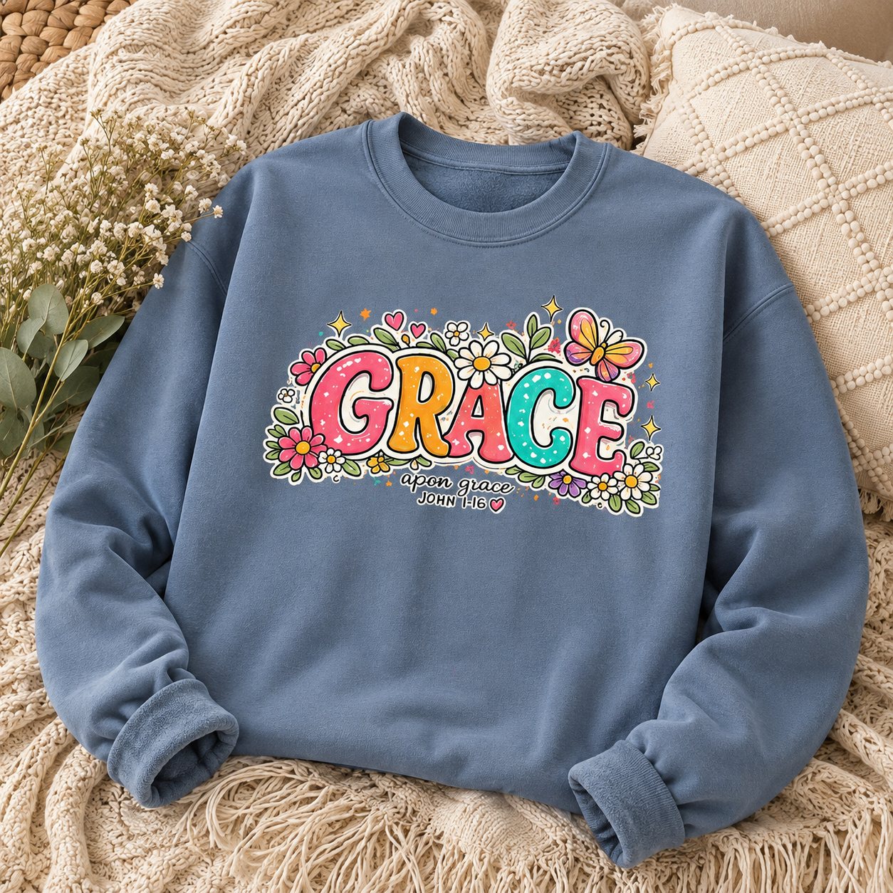 Grace Floral Retro Crewneck Sweatshirt | Colorful Christian Graphic Sweatshirt