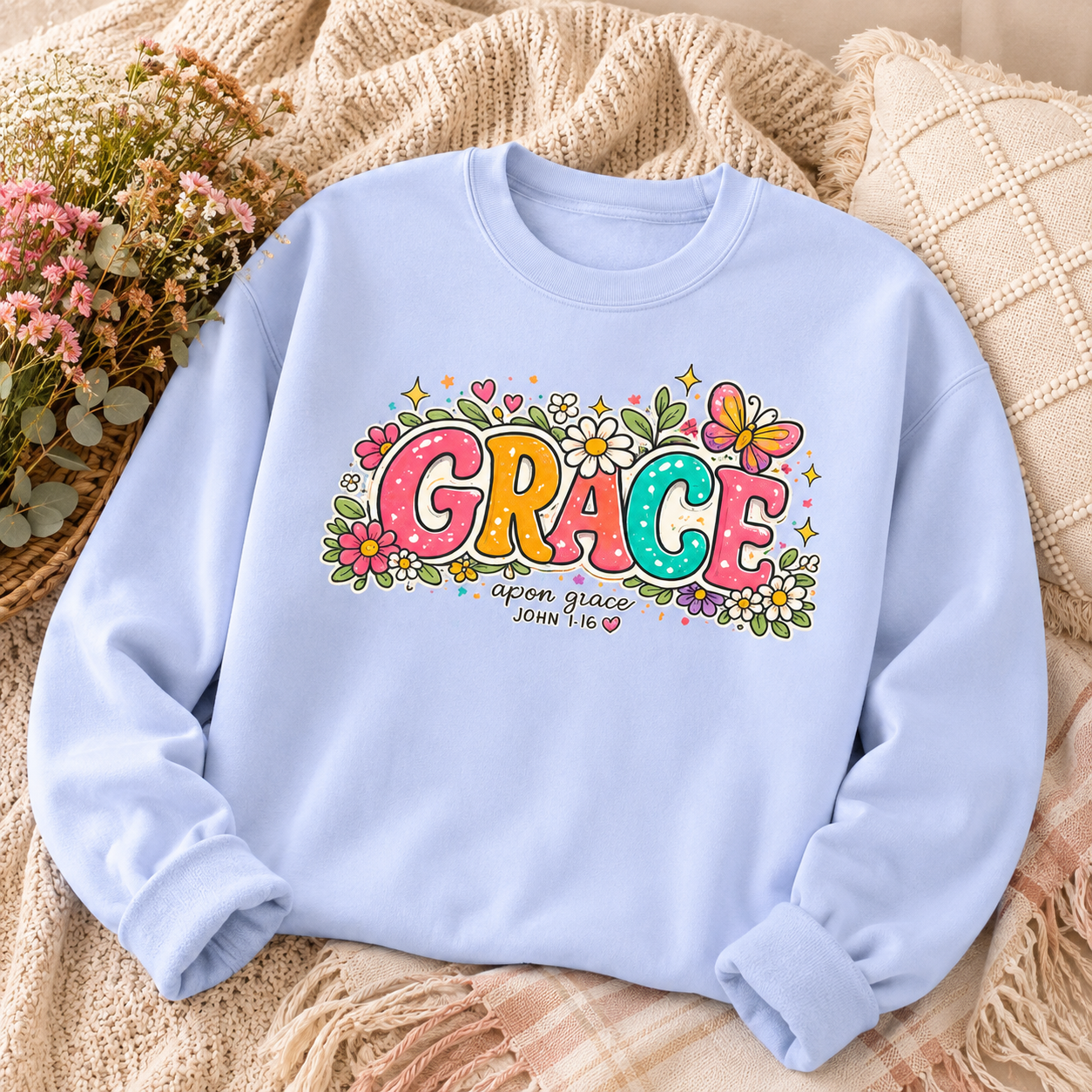 Grace Floral Retro Crewneck Sweatshirt | Colorful Christian Graphic Sweatshirt