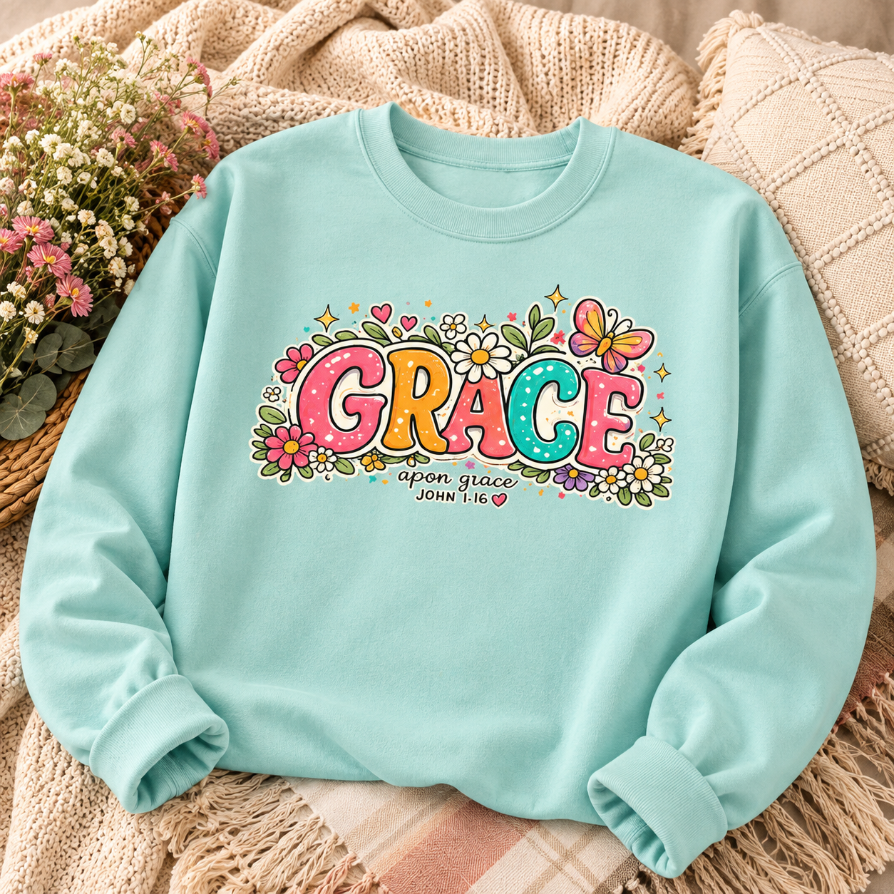Grace Floral Retro Crewneck Sweatshirt | Colorful Christian Graphic Sweatshirt