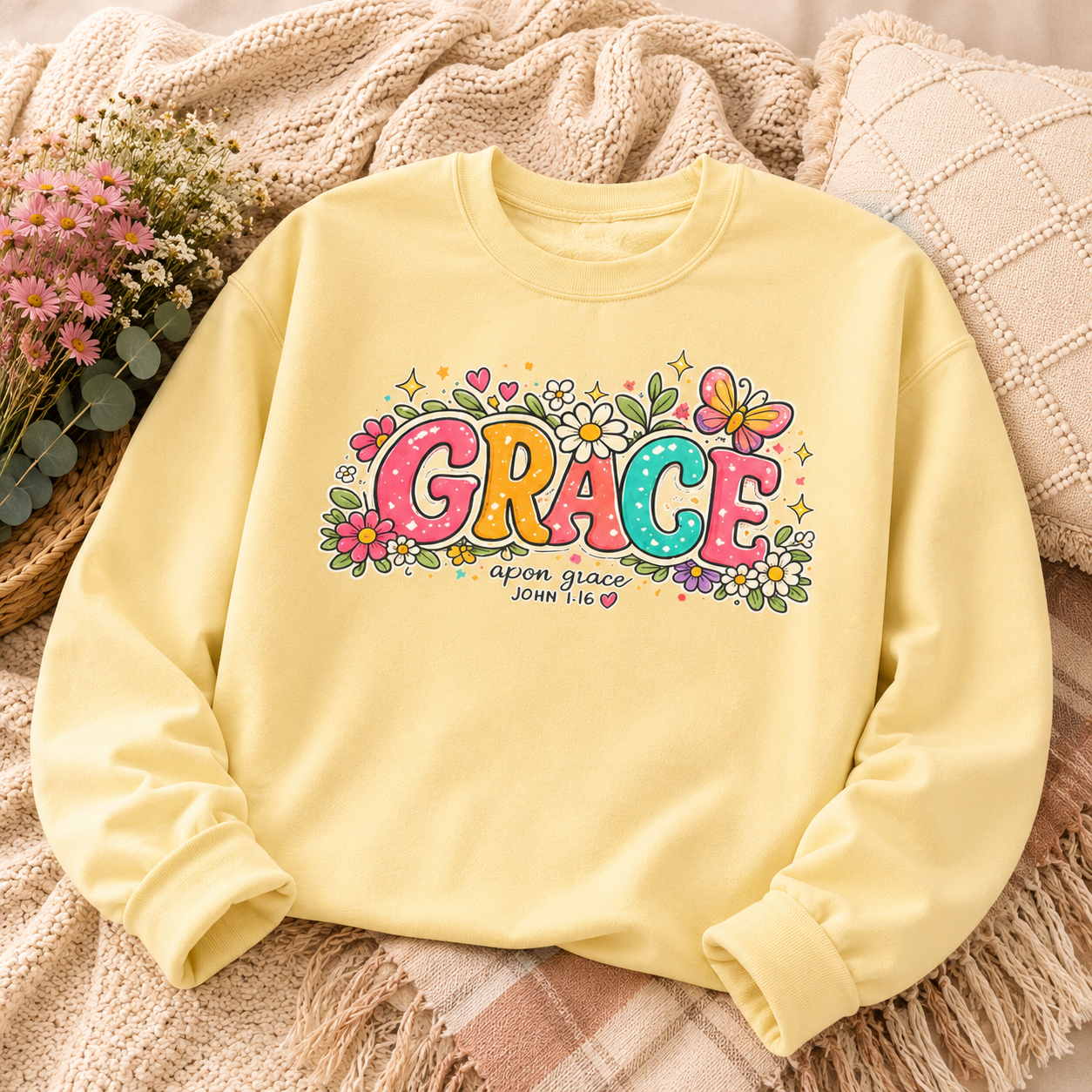 Grace Floral Retro Crewneck Sweatshirt | Colorful Christian Graphic Sweatshirt