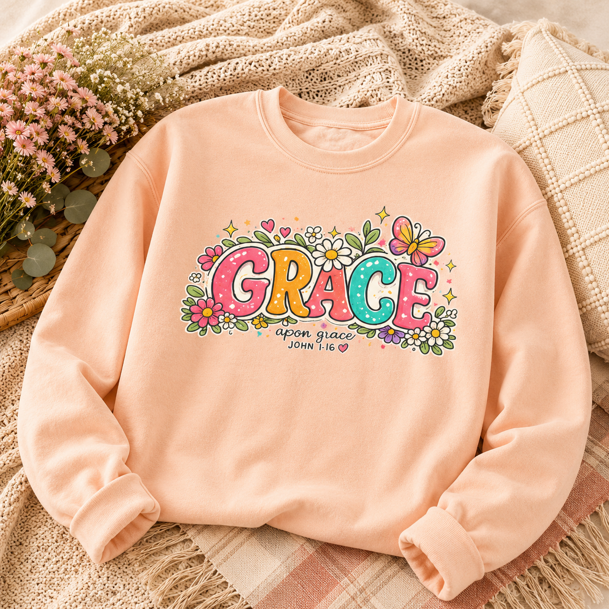 Grace Floral Retro Crewneck Sweatshirt | Colorful Christian Graphic Sweatshirt