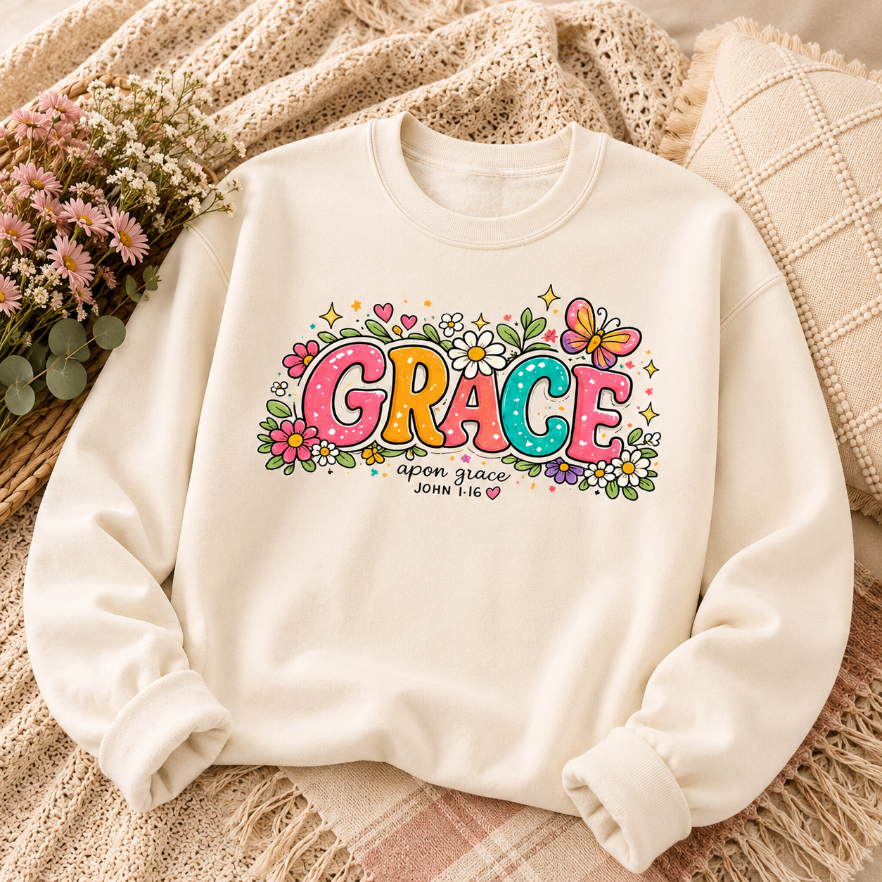 Grace Floral Retro Crewneck Sweatshirt | Colorful Christian Graphic Sweatshirt