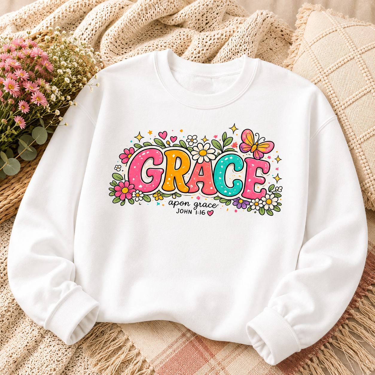 Grace Floral Retro Crewneck Sweatshirt | Colorful Christian Graphic Sweatshirt