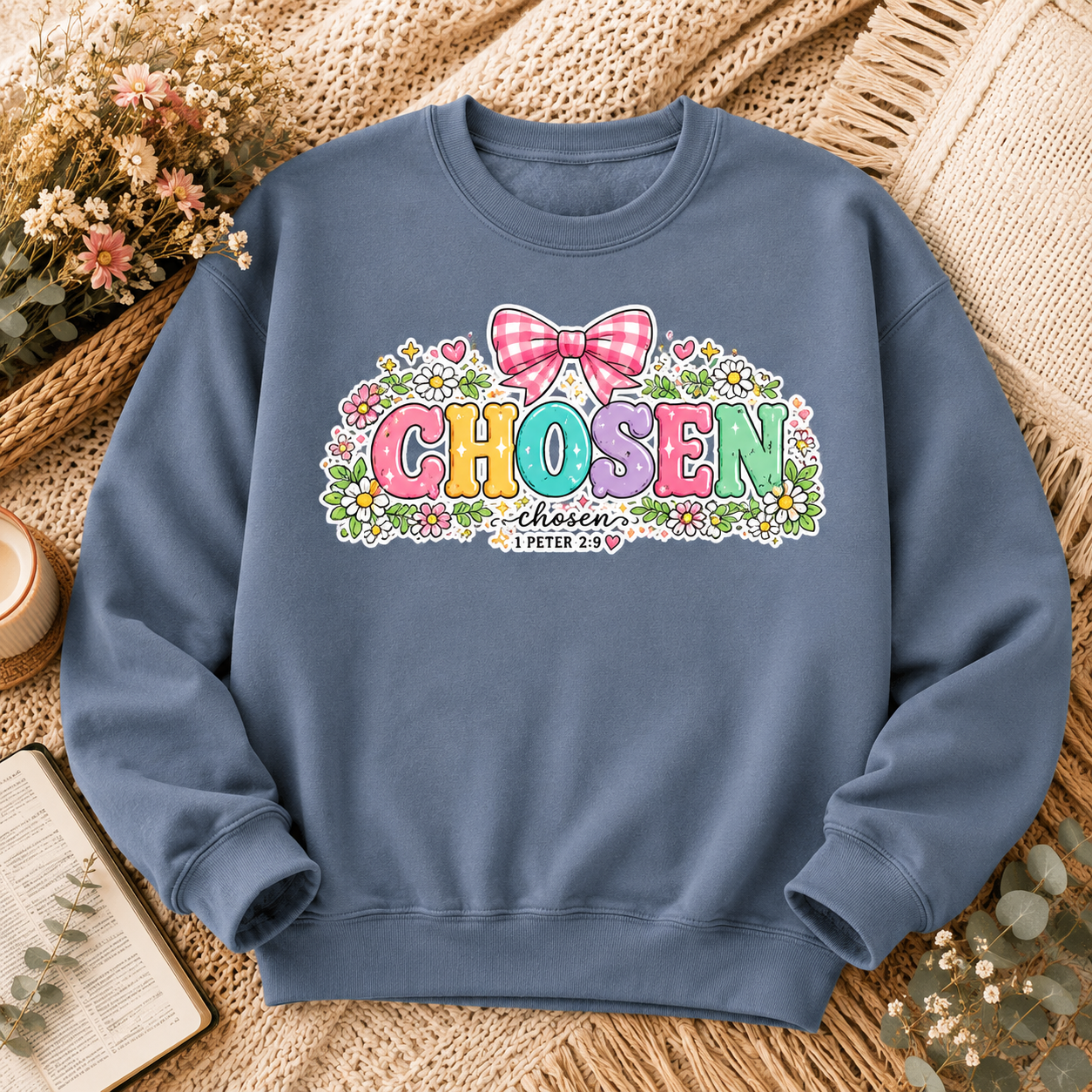 Chosen Floral Christian Crewneck Sweatshirt | Pastel Faith Graphic | 1 Peter 2:9