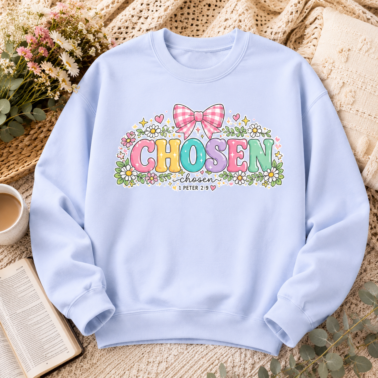Chosen Floral Christian Crewneck Sweatshirt | Pastel Faith Graphic | 1 Peter 2:9