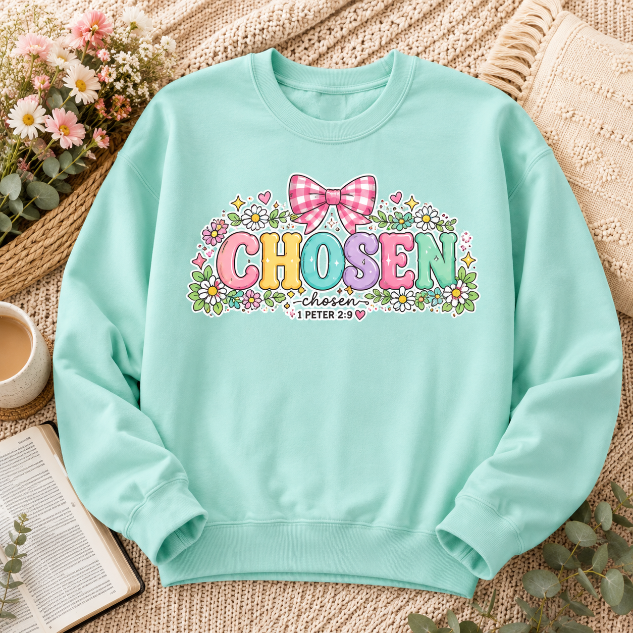 Chosen Floral Christian Crewneck Sweatshirt | Pastel Faith Graphic | 1 Peter 2:9