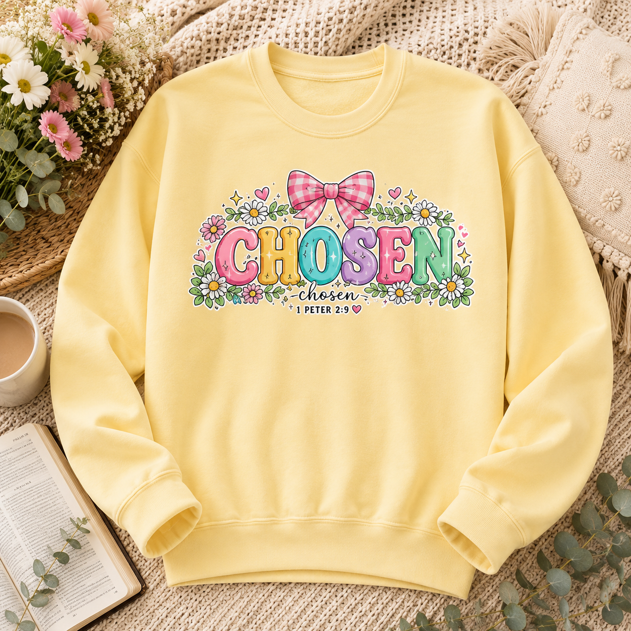Chosen Floral Christian Crewneck Sweatshirt | Pastel Faith Graphic | 1 Peter 2:9