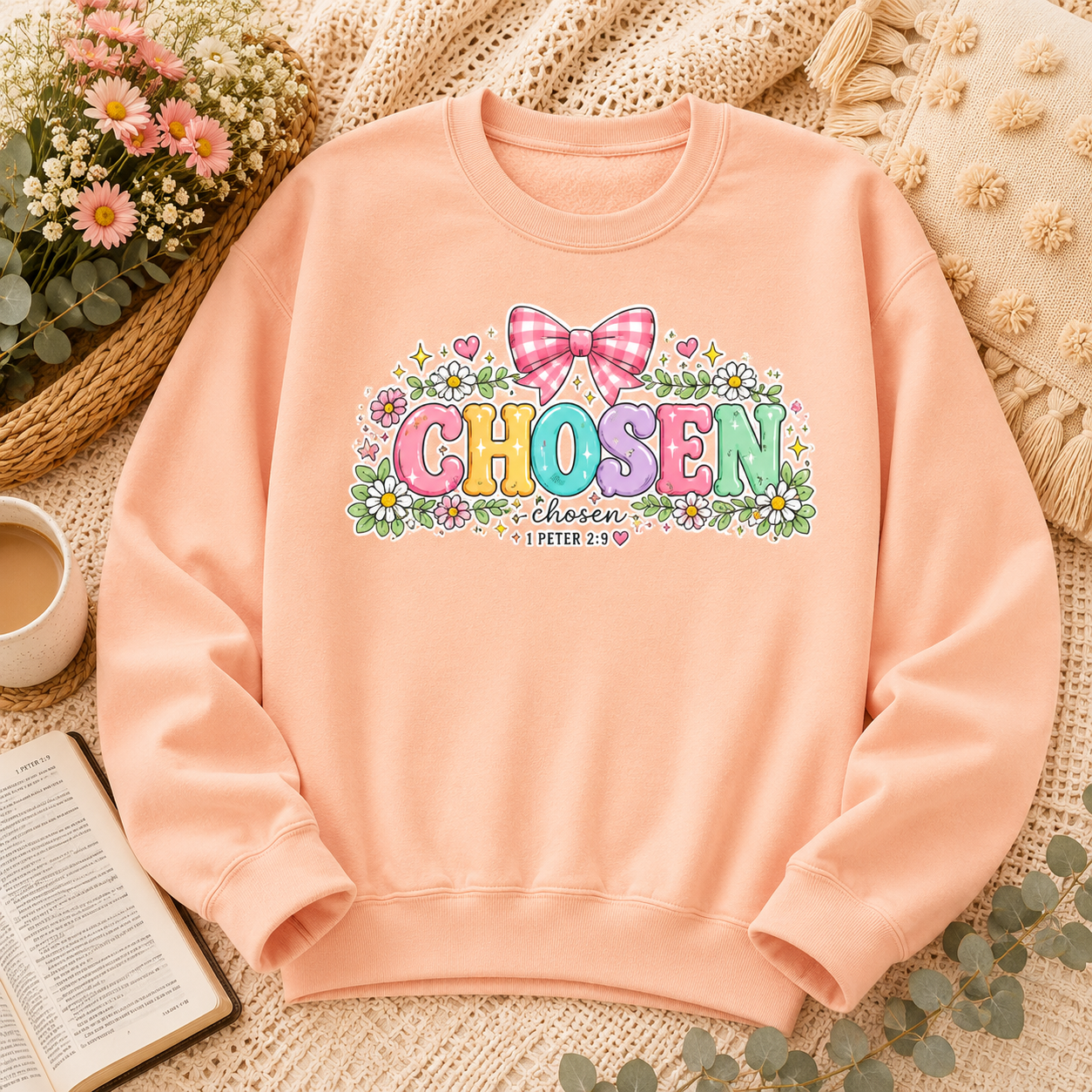 Chosen Floral Christian Crewneck Sweatshirt | Pastel Faith Graphic | 1 Peter 2:9