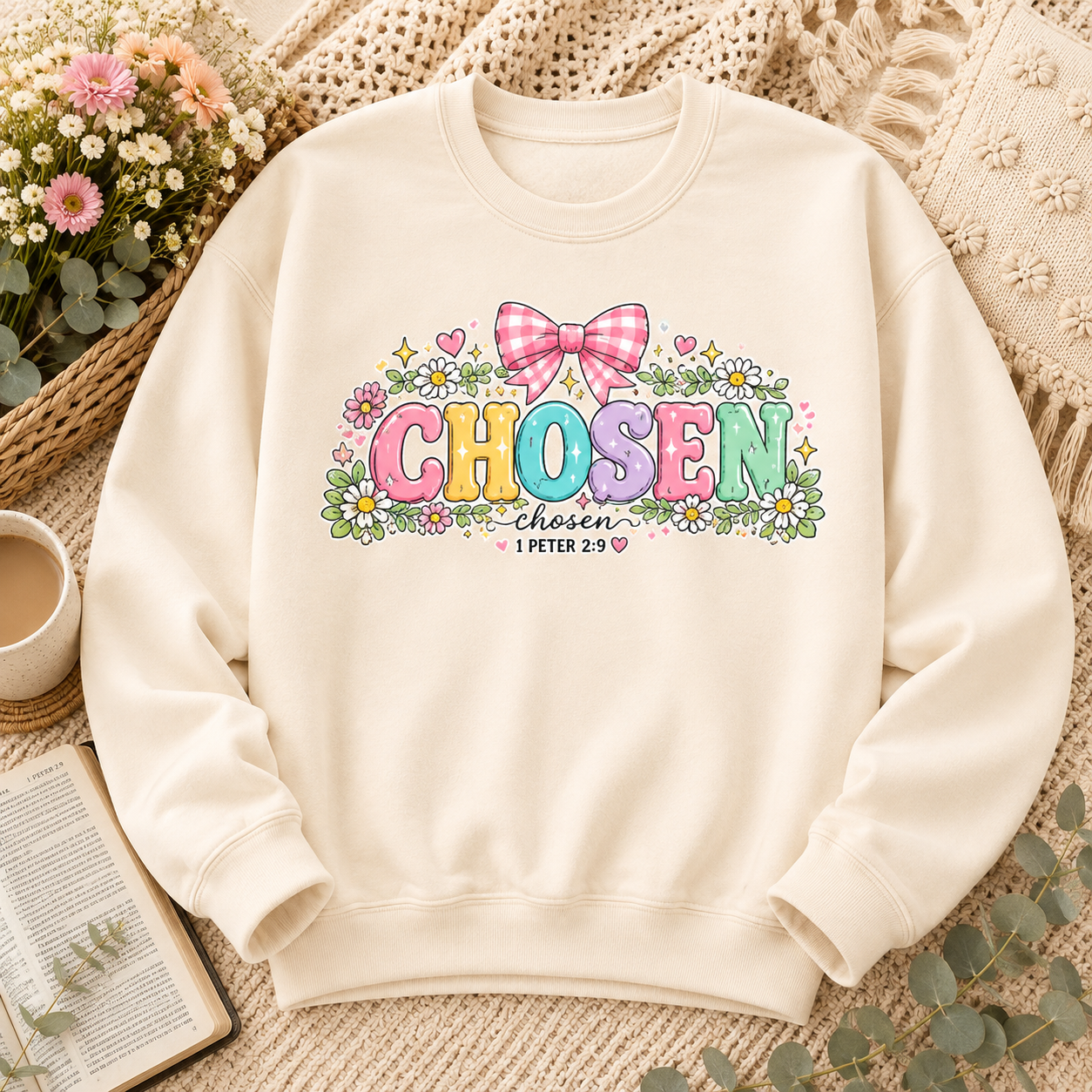 Chosen Floral Christian Crewneck Sweatshirt | Pastel Faith Graphic | 1 Peter 2:9