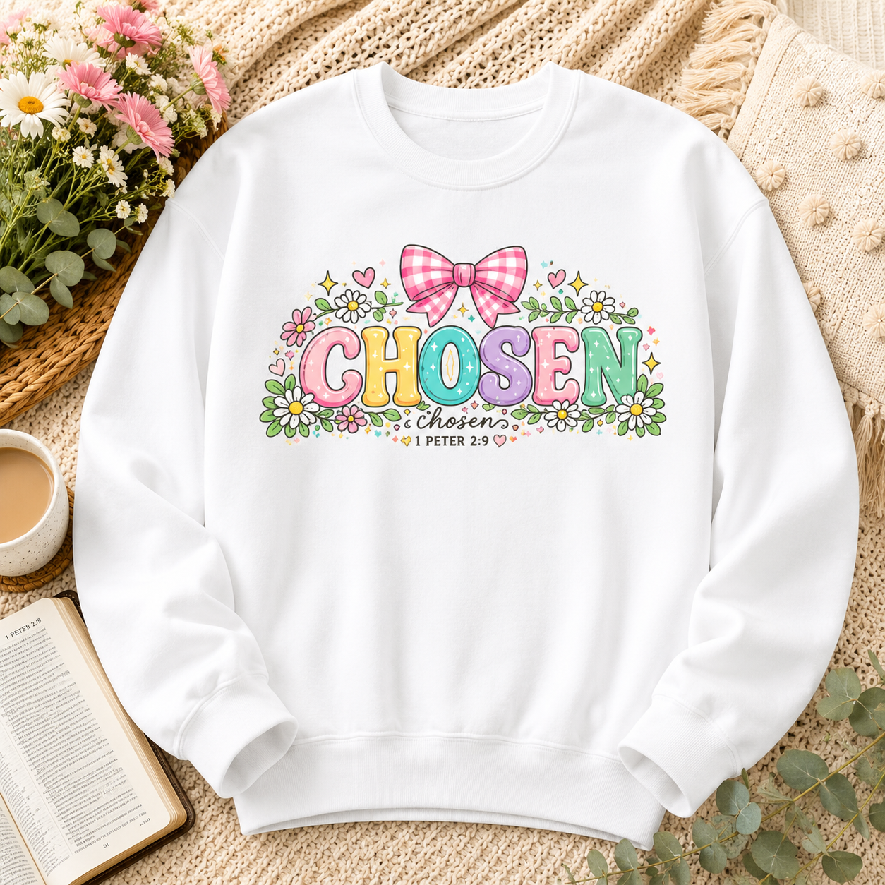 Chosen Floral Christian Crewneck Sweatshirt | Pastel Faith Graphic | 1 Peter 2:9
