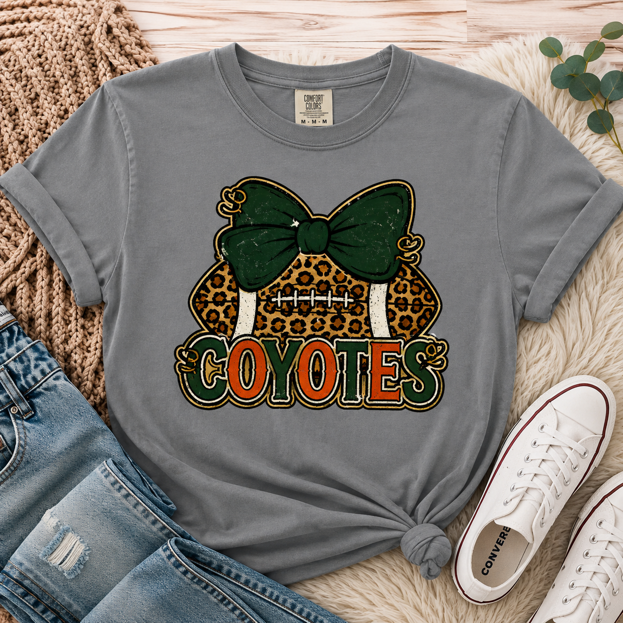 Campo Verde Coyotes Leopard Bow Football Graphic Tee | Comfort Colors® Shirt