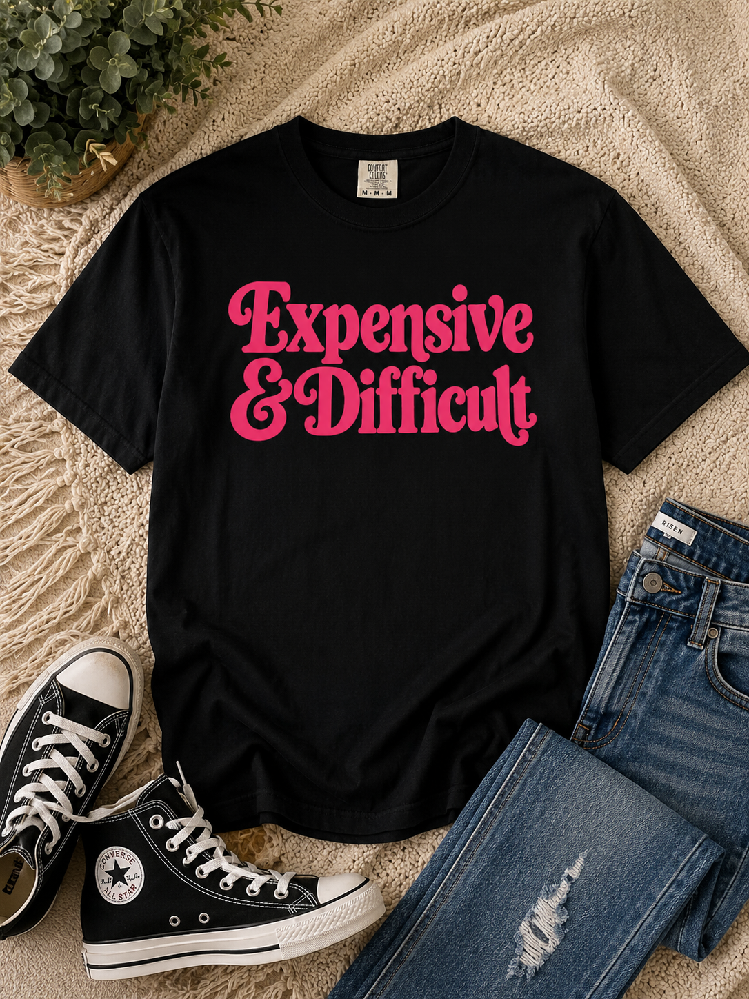 Expensive & Difficult Graphic Tee – Hot Pink Retro Statement Shirt