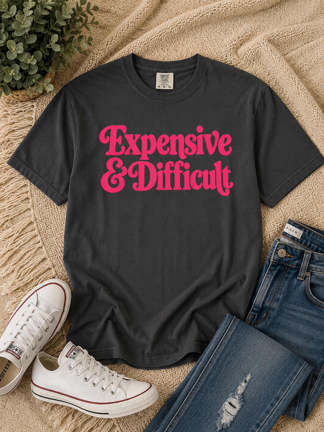 Expensive & Difficult Graphic Tee – Hot Pink Retro Statement Shirt