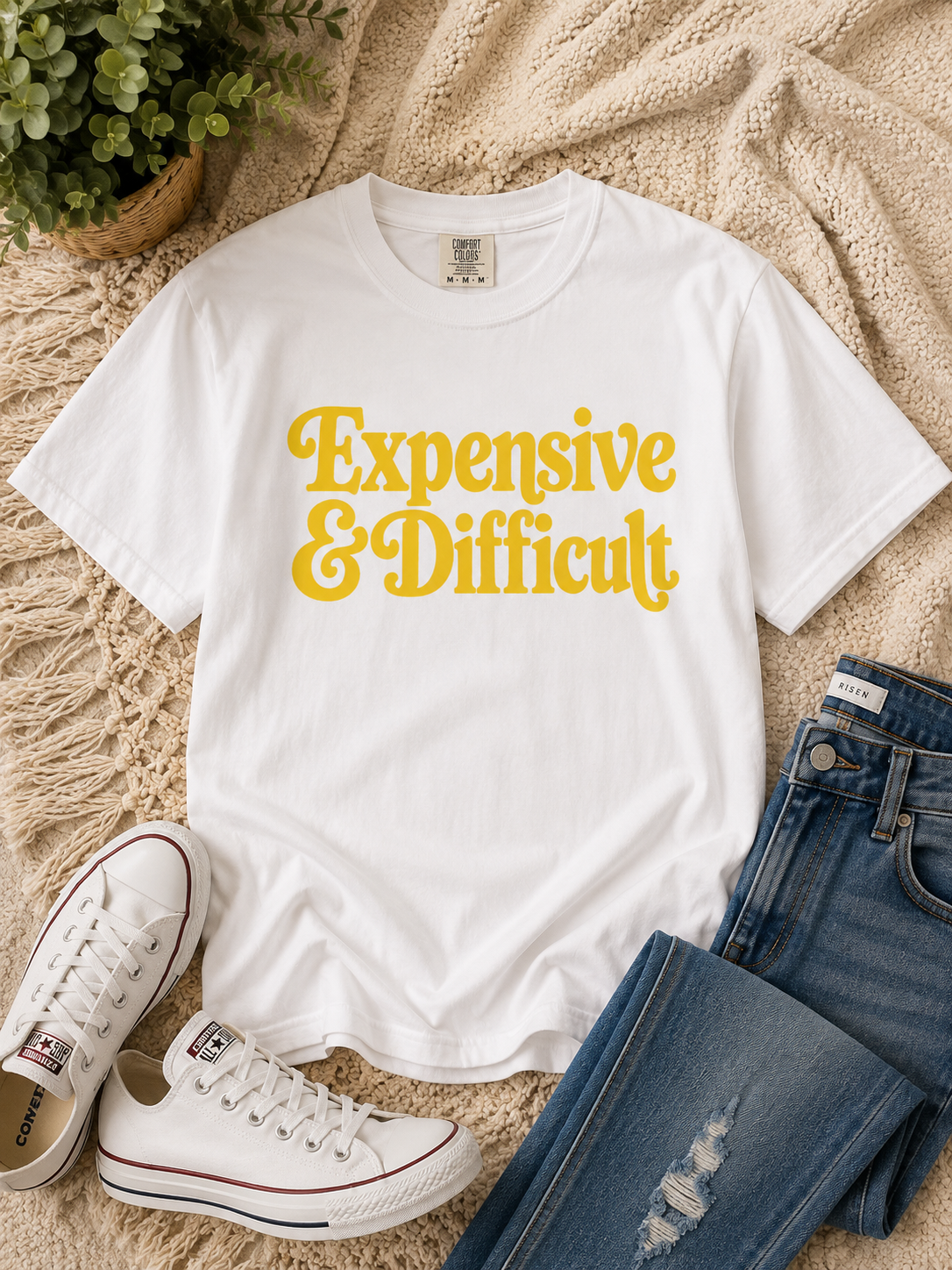 Expensive & Difficult Graphic Tee – Sunrise Yellow Retro Statement Shirt
