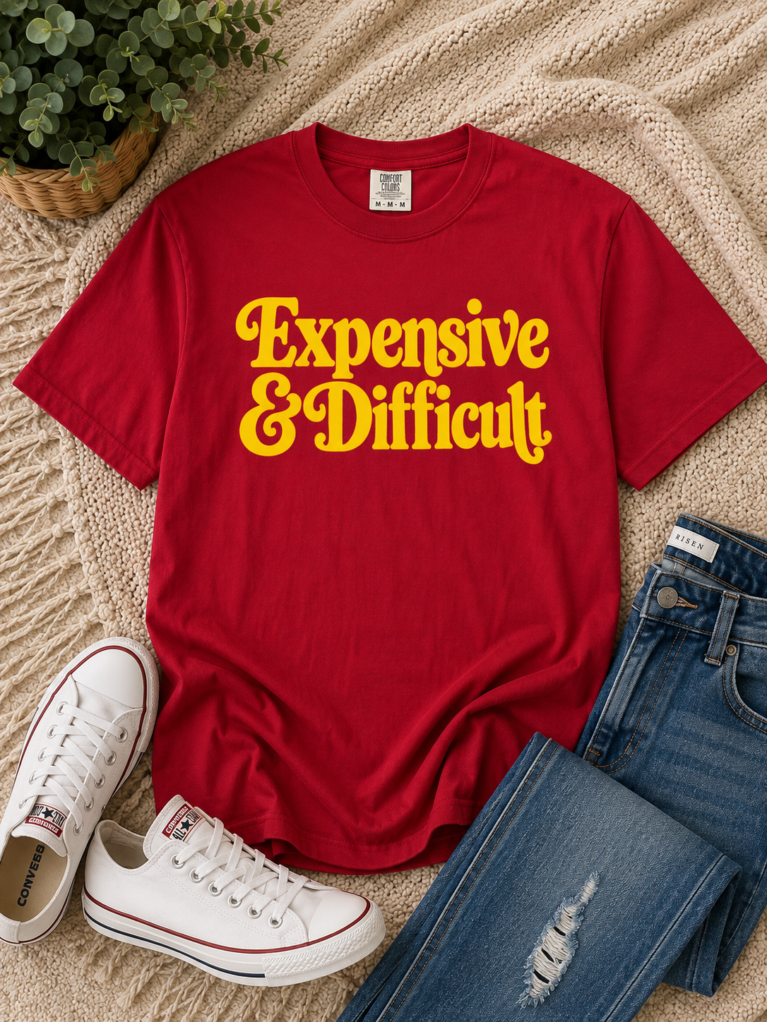 Expensive & Difficult Graphic Tee – Sunrise Yellow Retro Statement Shirt