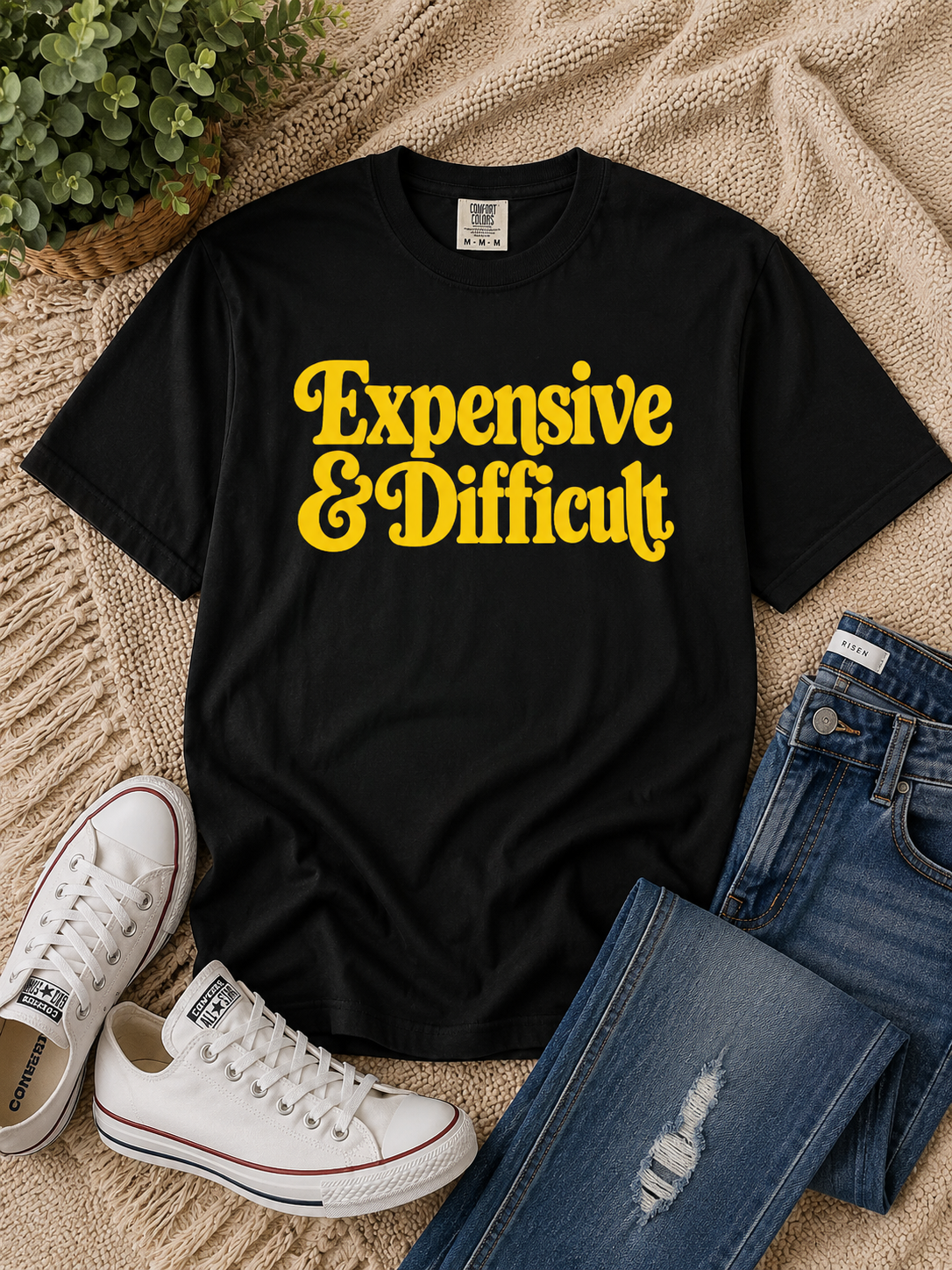 Expensive & Difficult Graphic Tee – Sunrise Yellow Retro Statement Shirt