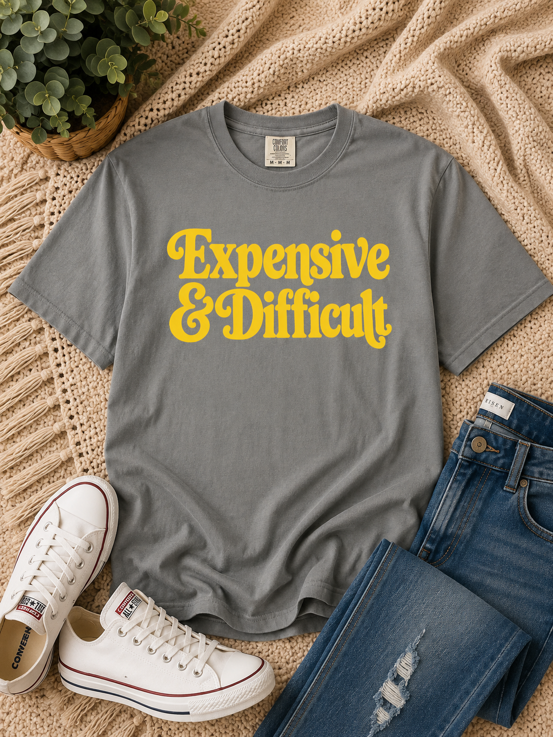 Expensive & Difficult Graphic Tee – Sunrise Yellow Retro Statement Shirt