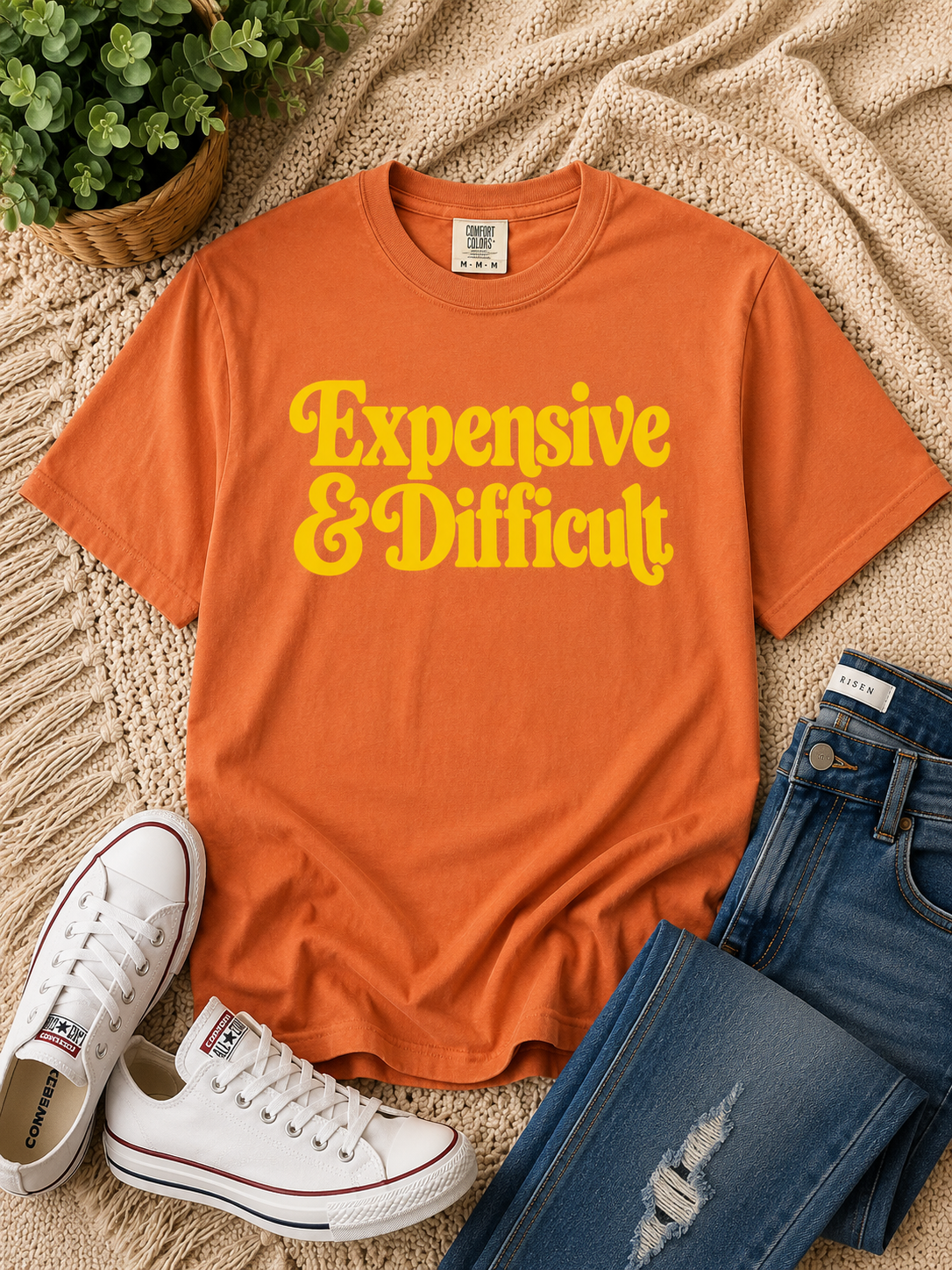 Expensive & Difficult Graphic Tee – Sunrise Yellow Retro Statement Shirt