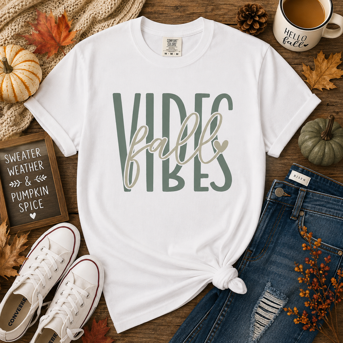 Fall Vibes T-Shirt | Women’s Fall Graphic Tee | Cute Autumn Shirt | Cozy Fall Season Tee