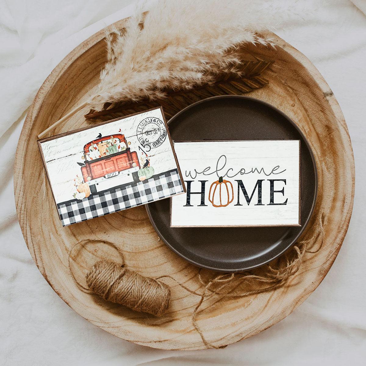 Welcome Home Pumpkin Wooden Block Sign